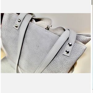 Beautiful Mishmocc textured leather tote in elephant gray - use in any season!